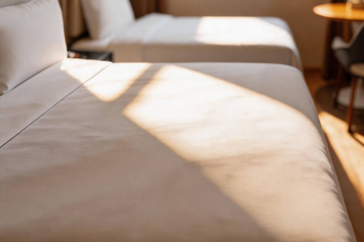 A hotel room with two beds, a small table, and a window.