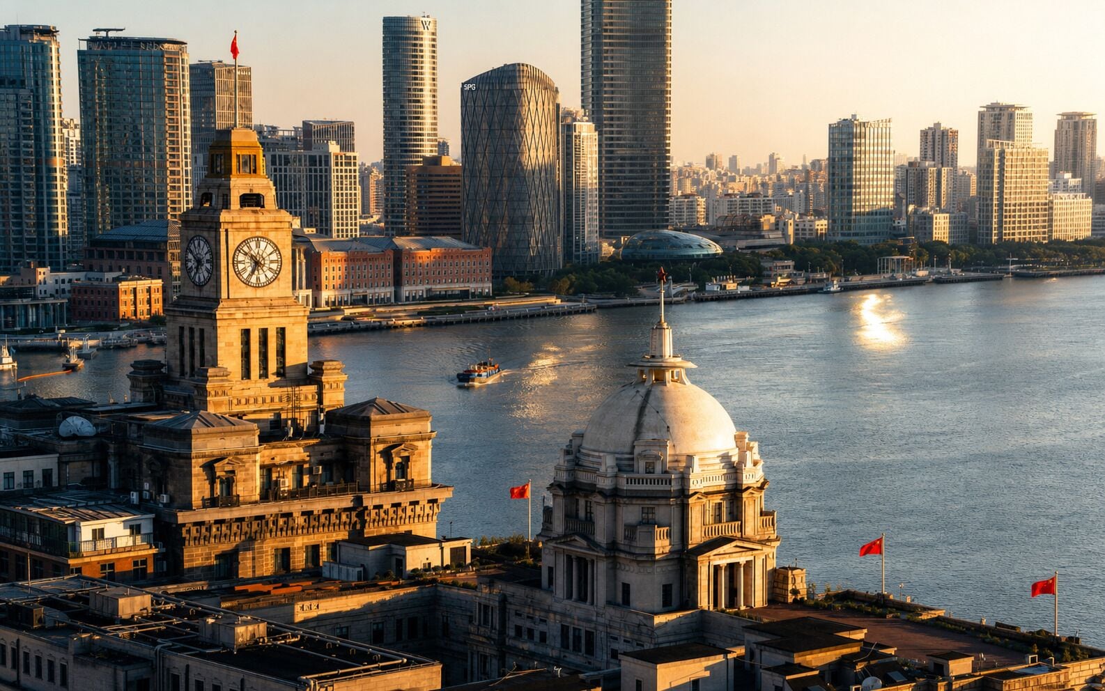 A cityscape with a prominent clock tower and a large dome structure, surrounded by modern high-rise buildings and a body of water.