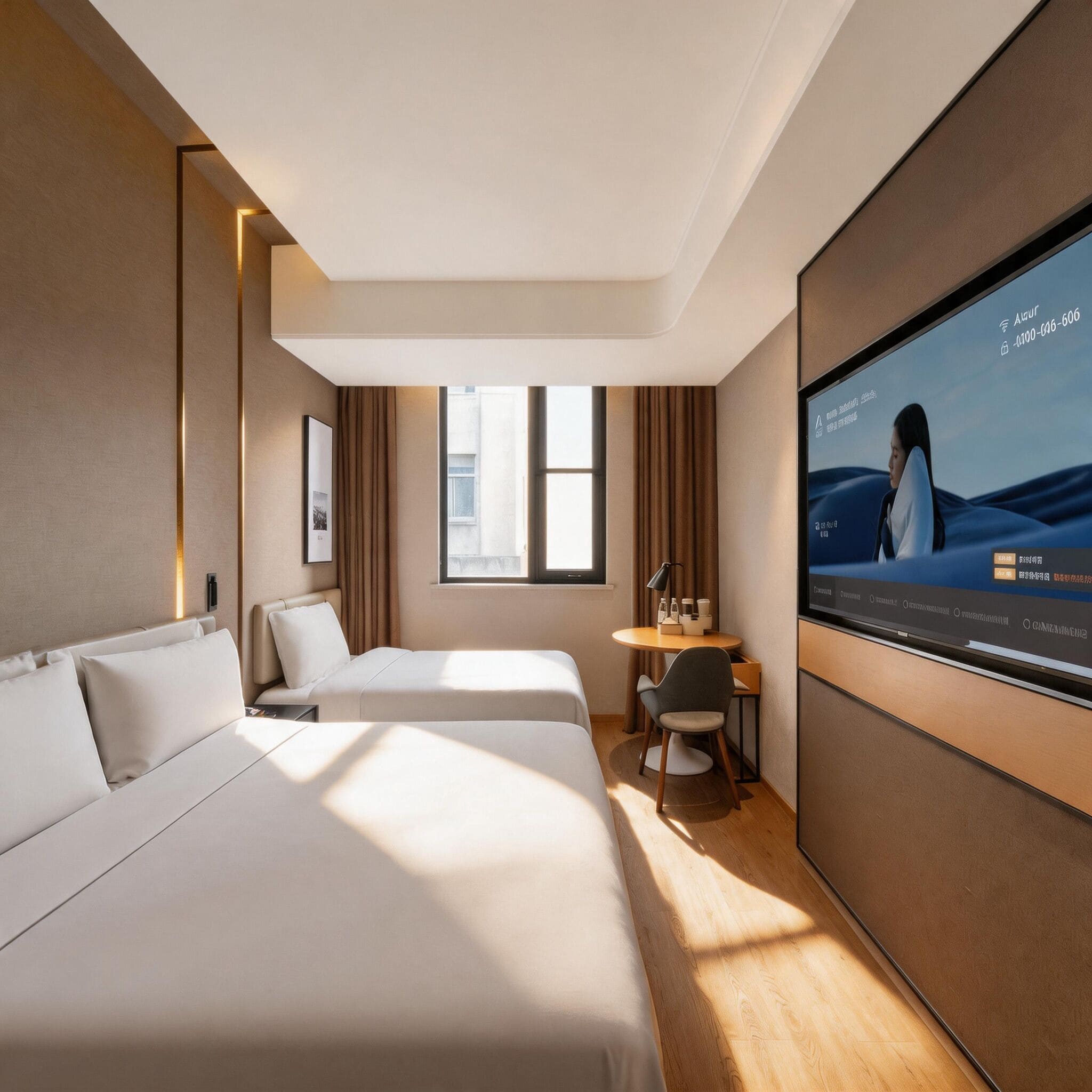 Habitación de hotel con dos camas, un escritorio, un televisor y una ventana.