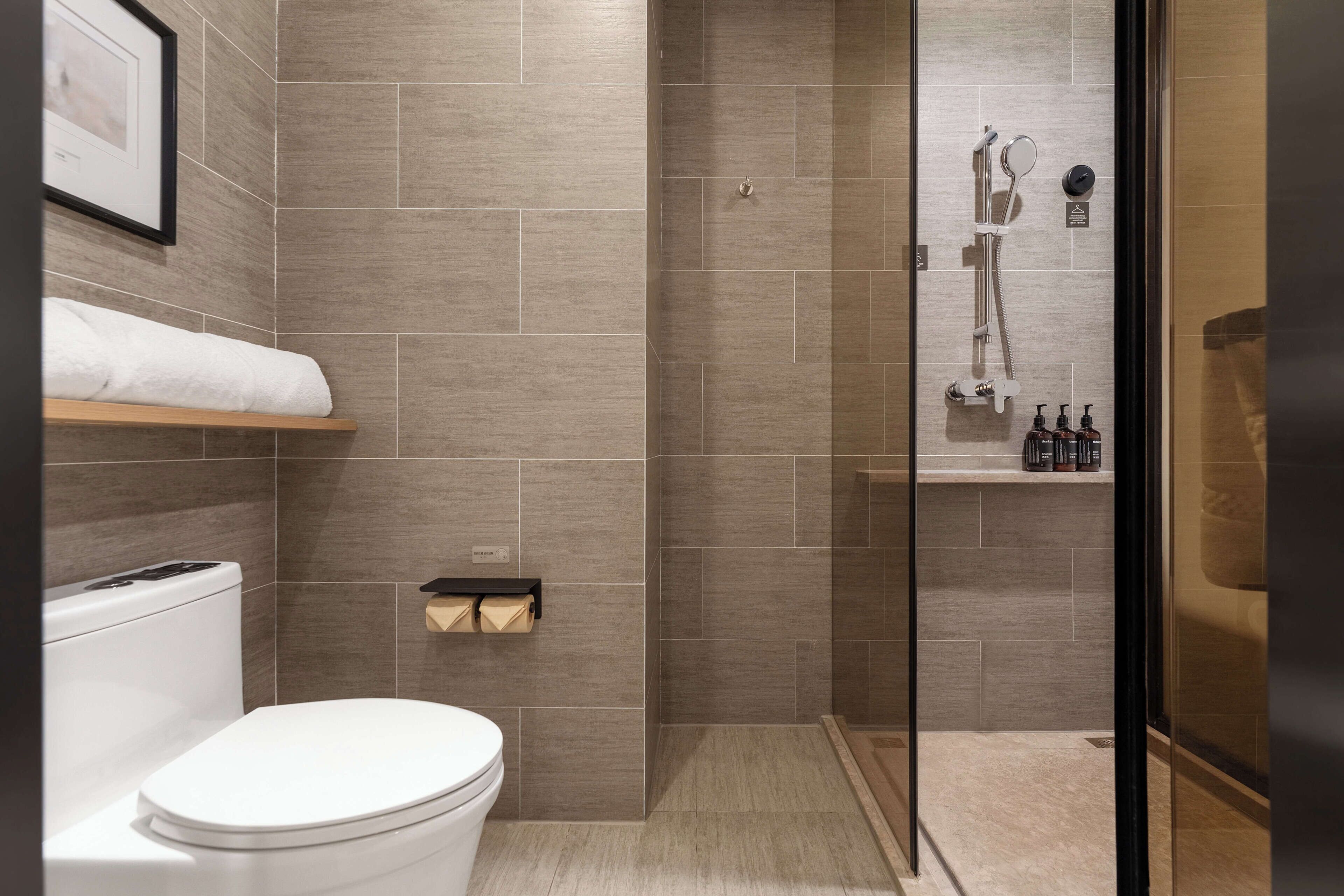 Shower, rainfall showerhead, hair dryer, slippers