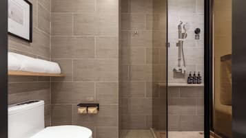 Shower, rainfall showerhead, hair dryer, slippers