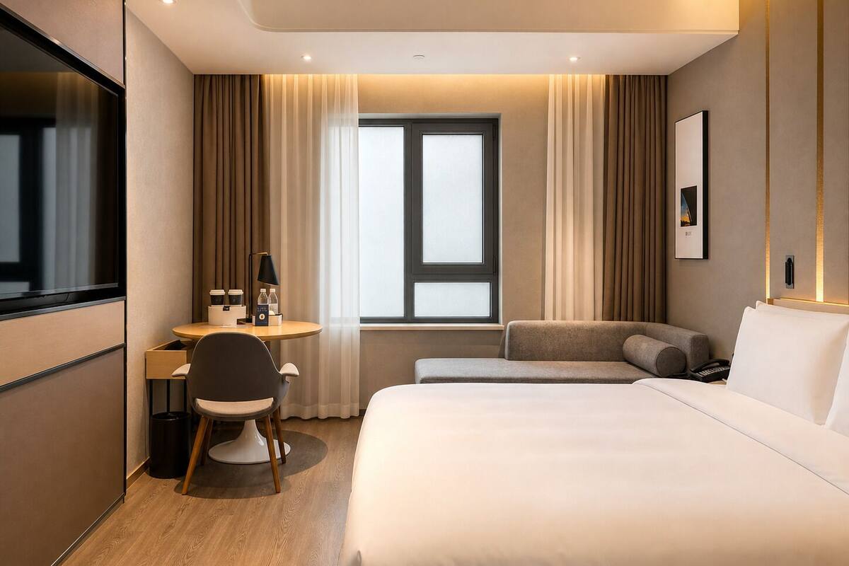 A hotel room with a bed, a desk with a chair, a TV, and a window with curtains.