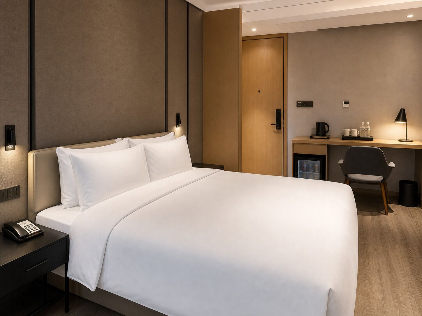 Una habitación de hotel con cama, mesita de noche, escritorio, silla y minibar.
