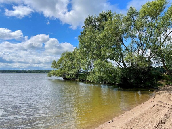 A lakeside view with a sandy beach and trees. - 4 Star Holiday Home in Enkoping (Lillykyrka)