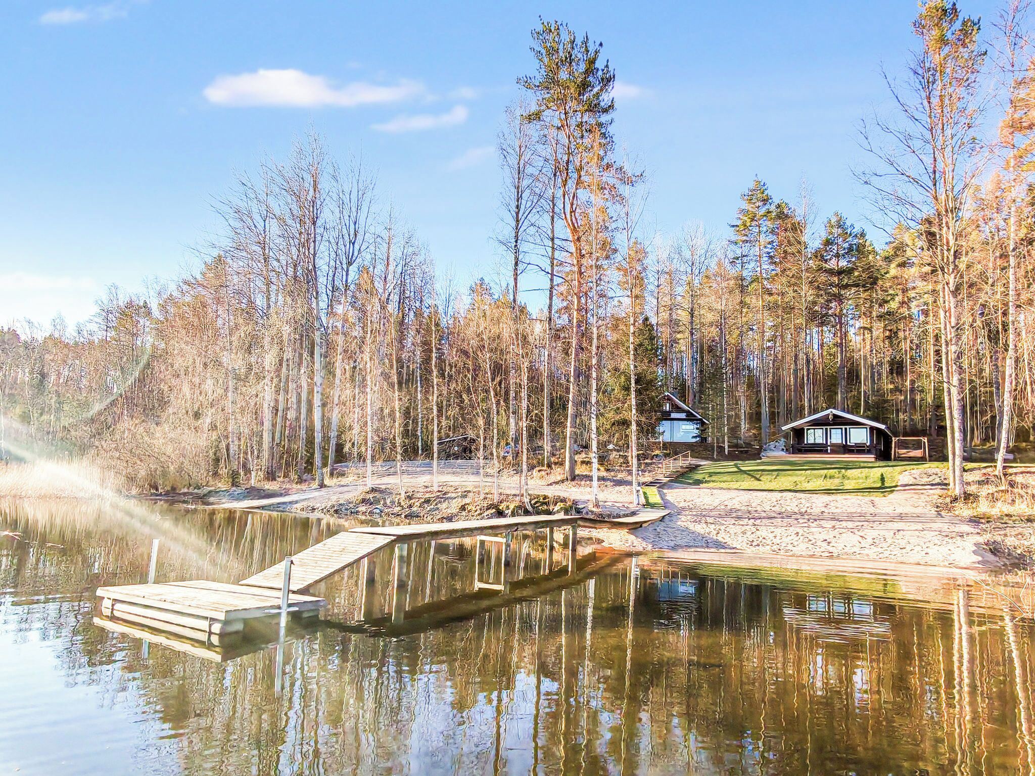 Mökki järven rannalla, jossa on laituri, ja mökkiä ympäröivät puut.