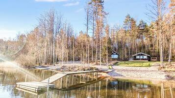Mökki järven rannalla, jossa on laituri, ja mökkiä ympäröivät puut.