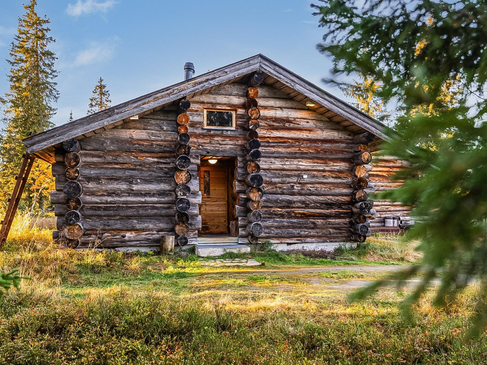 A rustic log cabin with a central door, surrounded by natural vegetation.