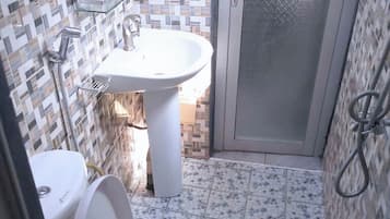Hair dryer, towels, soap, toilet paper
