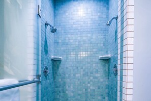 Shower, hair dryer, soap, shampoo