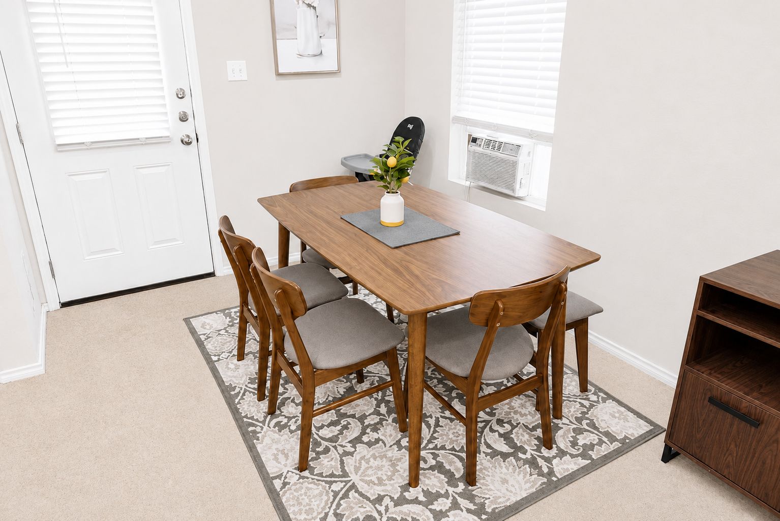 Dining area with seating for shared meals and game nights