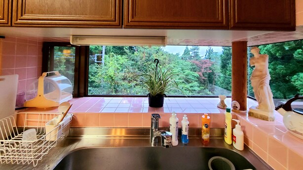 A kitchen with wooden cabinets, a window with a view of greenery, a sink with various toiletries, and a dish rack. - Maple House - Kawaguchiko Otsuki - 10 people or more (大月市)