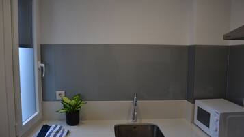 Una cocina con un fregadero, un microondas, una planta en maceta y una ventana.