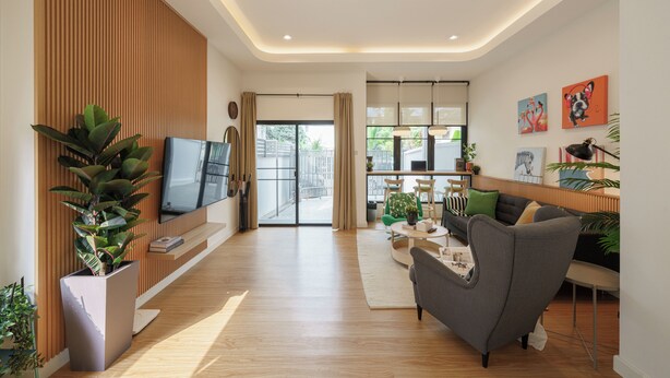 Un salon moderne avec un téléviseur à écran plat, un canapé gris, une table basse et une grande plante en pot.