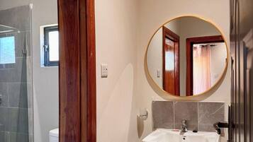 A bathroom with a toilet, sink, and a mirror.