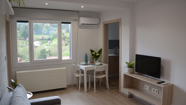 A modern living room with a dining area, a TV, and a view of the outdoors. - Avio Apartament - Pedrouso View Suite (Santiago de Compostela)