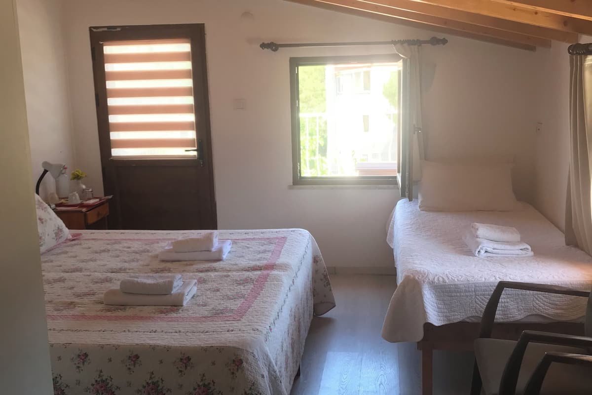 Una habitación con dos camas, techo de madera, ventana con persianas y una silla.