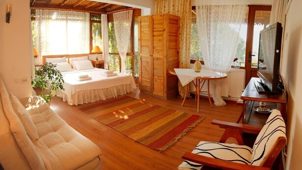 A cozy bedroom with a bed, a sofa, a small table, and a TV. - Günebakan Taliani Otel (Ayvalik)