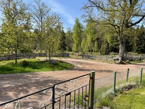 A dirt path leading through a fenced area with trees and a clear sky. - 6 Person Holiday Home in Kristdala (Kristdala)