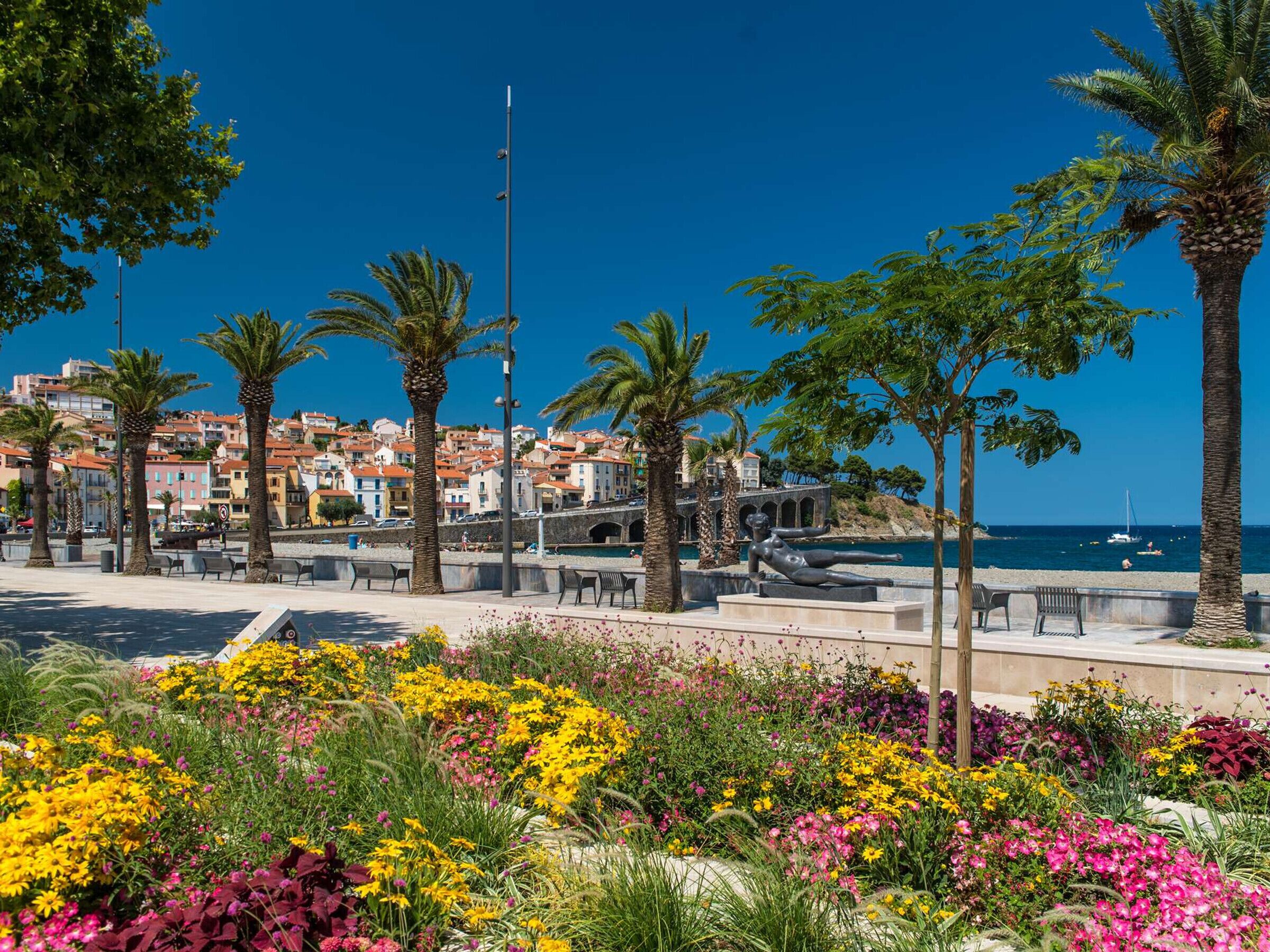 A coastal promenade with palm trees, benches, and colorful flower beds.