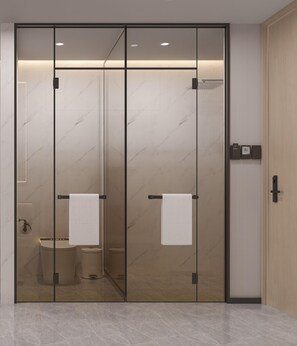 Elite Room | Bathroom | Shower, rainfall showerhead, hair dryer, bathrobes - qingle hotel (Shanghai)