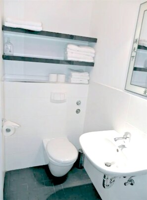 Douche, sèche-cheveux, serviettes fournies, papier toilette