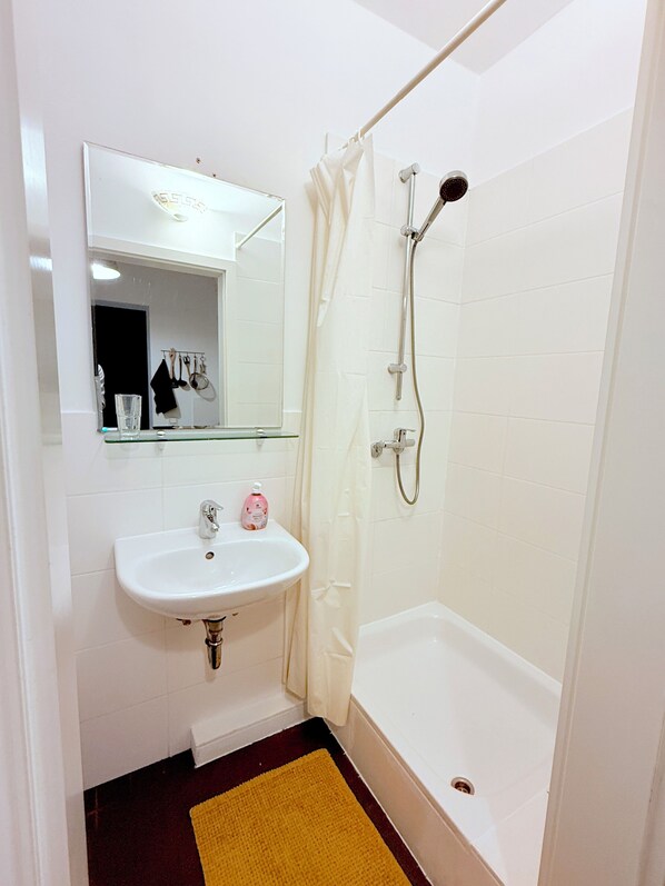 Shower, hair dryer, towels, toilet paper