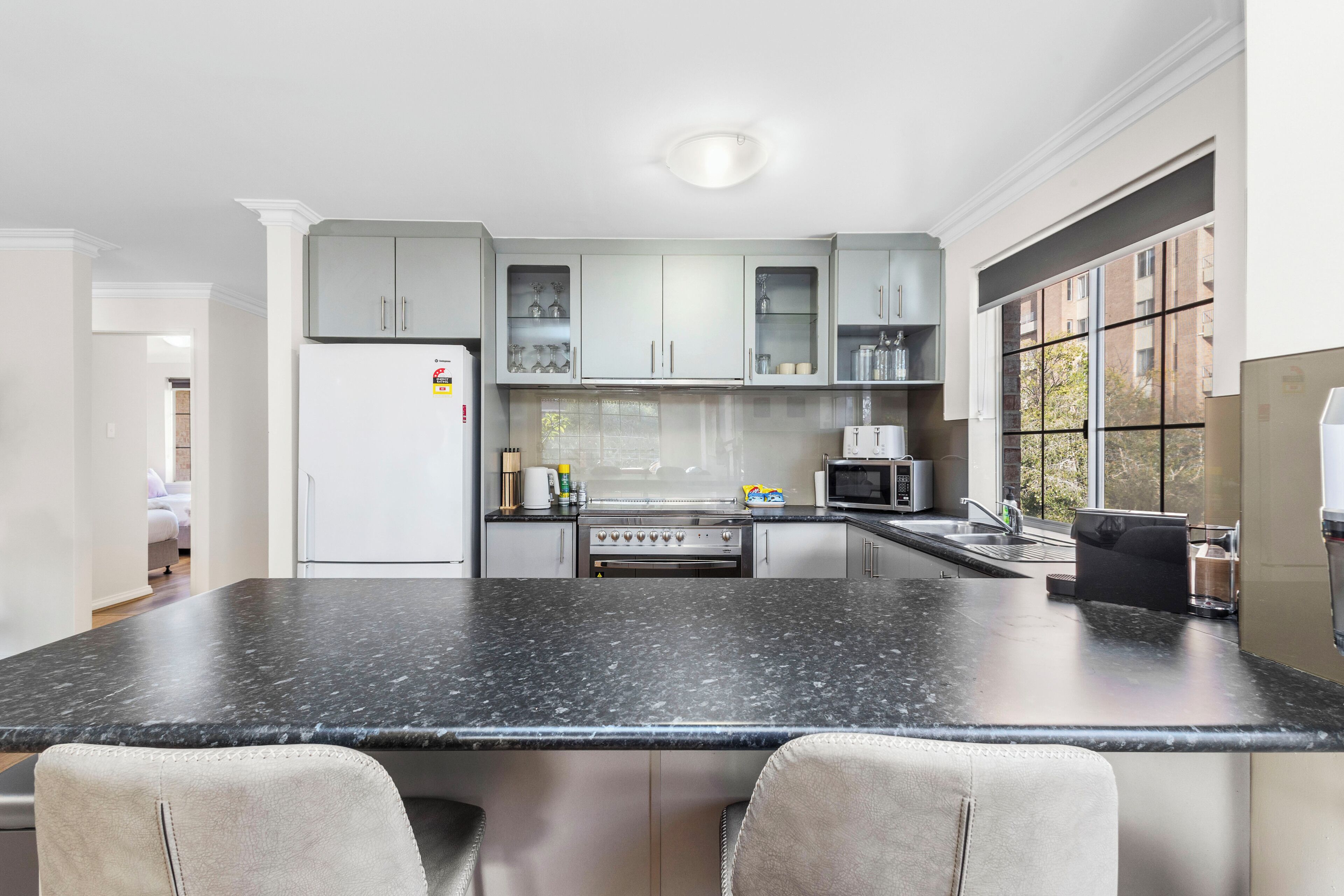 Fridge, microwave, oven, stovetop