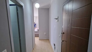 Un couloir avec un plancher en bois, une porte à gauche et une armoire à droite.