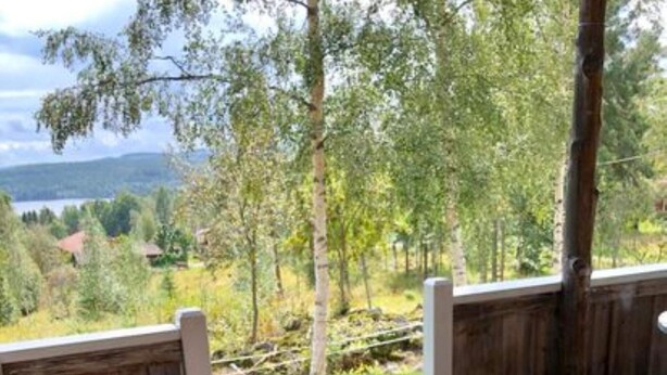 Une terrasse en bois offrant une vue sur un lac et une forêt.