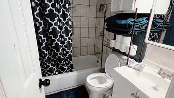 Hair dryer, towels, soap, toilet paper