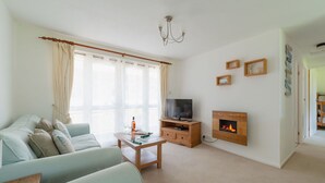 A living room with a sofa, coffee table, TV, fireplace, and curtains. - Wonderful private villa for 4 guests with WIFI, TV and patio (Bodmin)