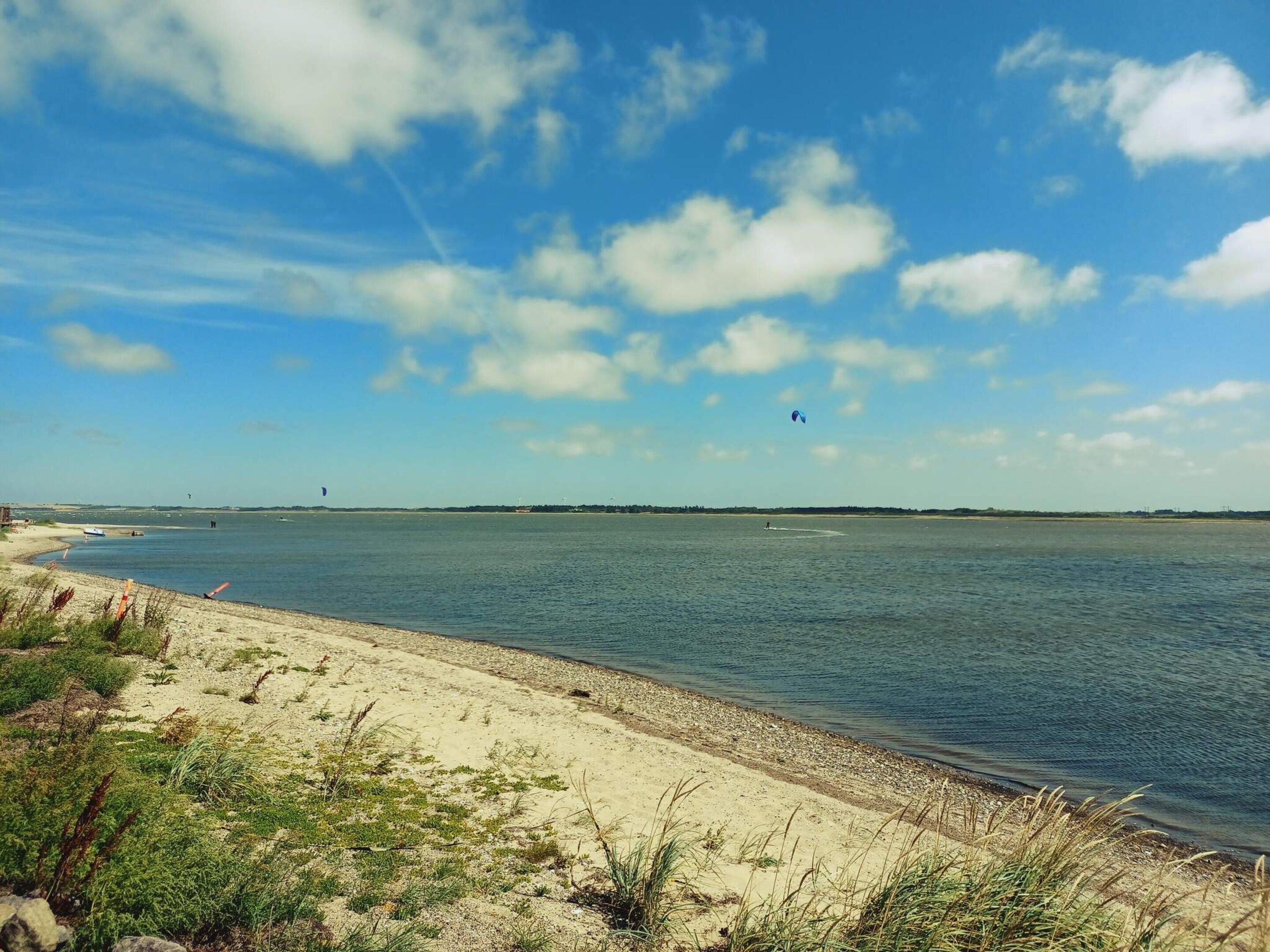 A beach with a sandy shore and calm water.