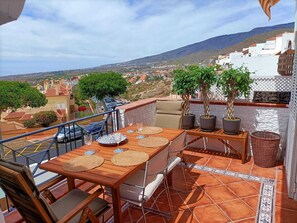 Outdoor dining - Costa Adeje charming pent floor corner 2-bed apartment , AC , Wifi, pool & views (Costa Adeje)