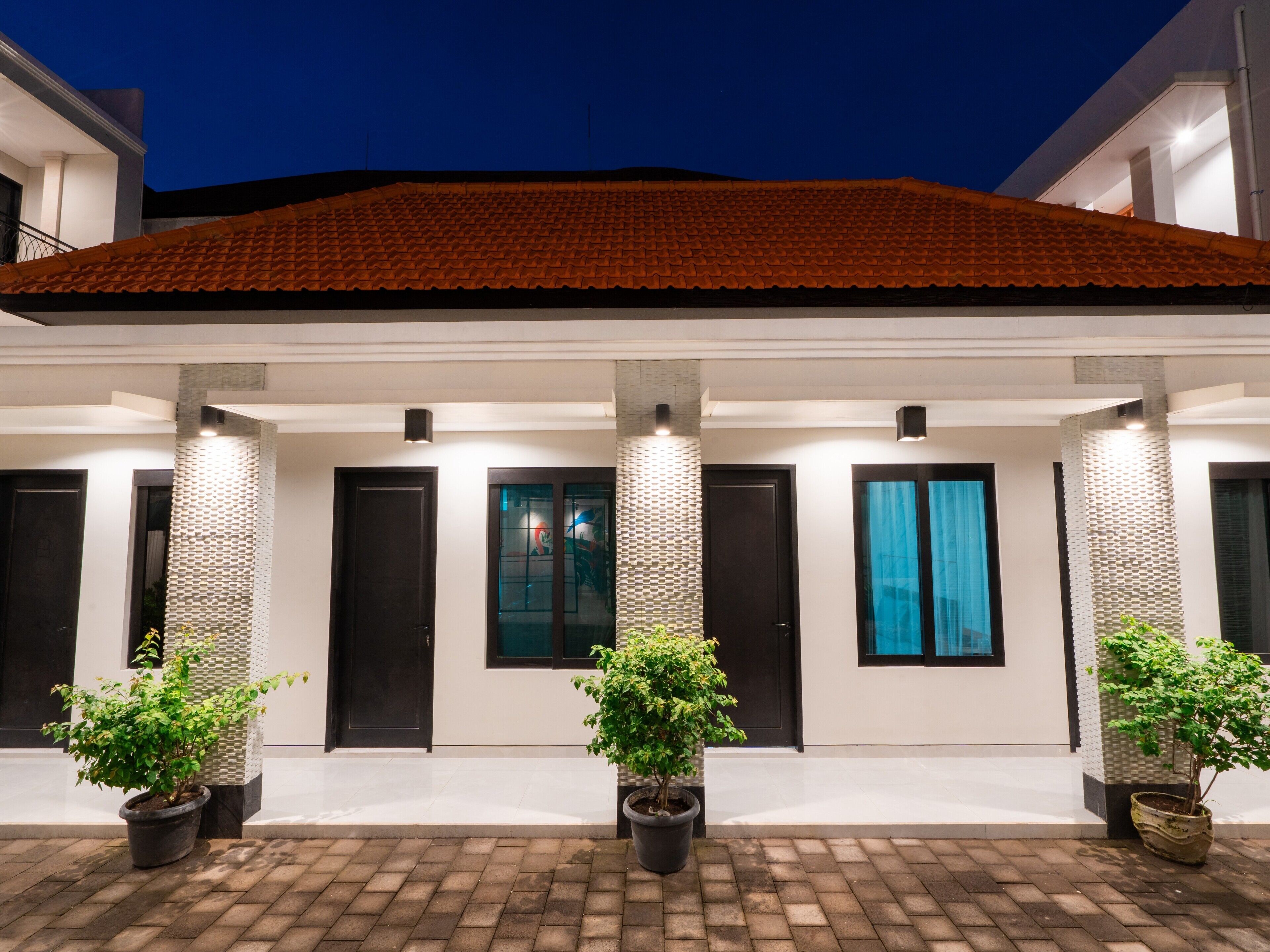 A modern house with a tiled roof, two black doors, and potted plants in the entrance area.