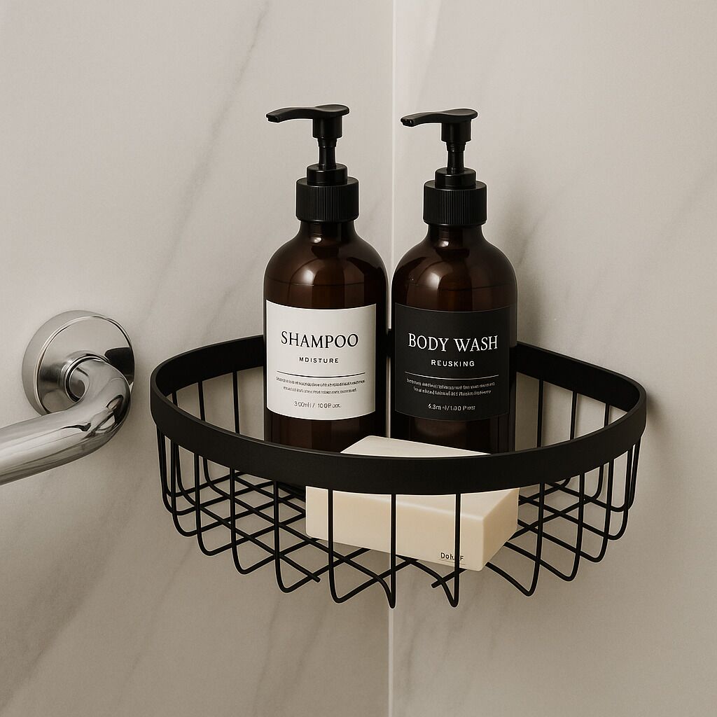 Duas garrafas de shampoo e banho em uma cesta de arame preta fixada em uma parede de banheiro.