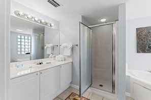 Shower, hair dryer, towels