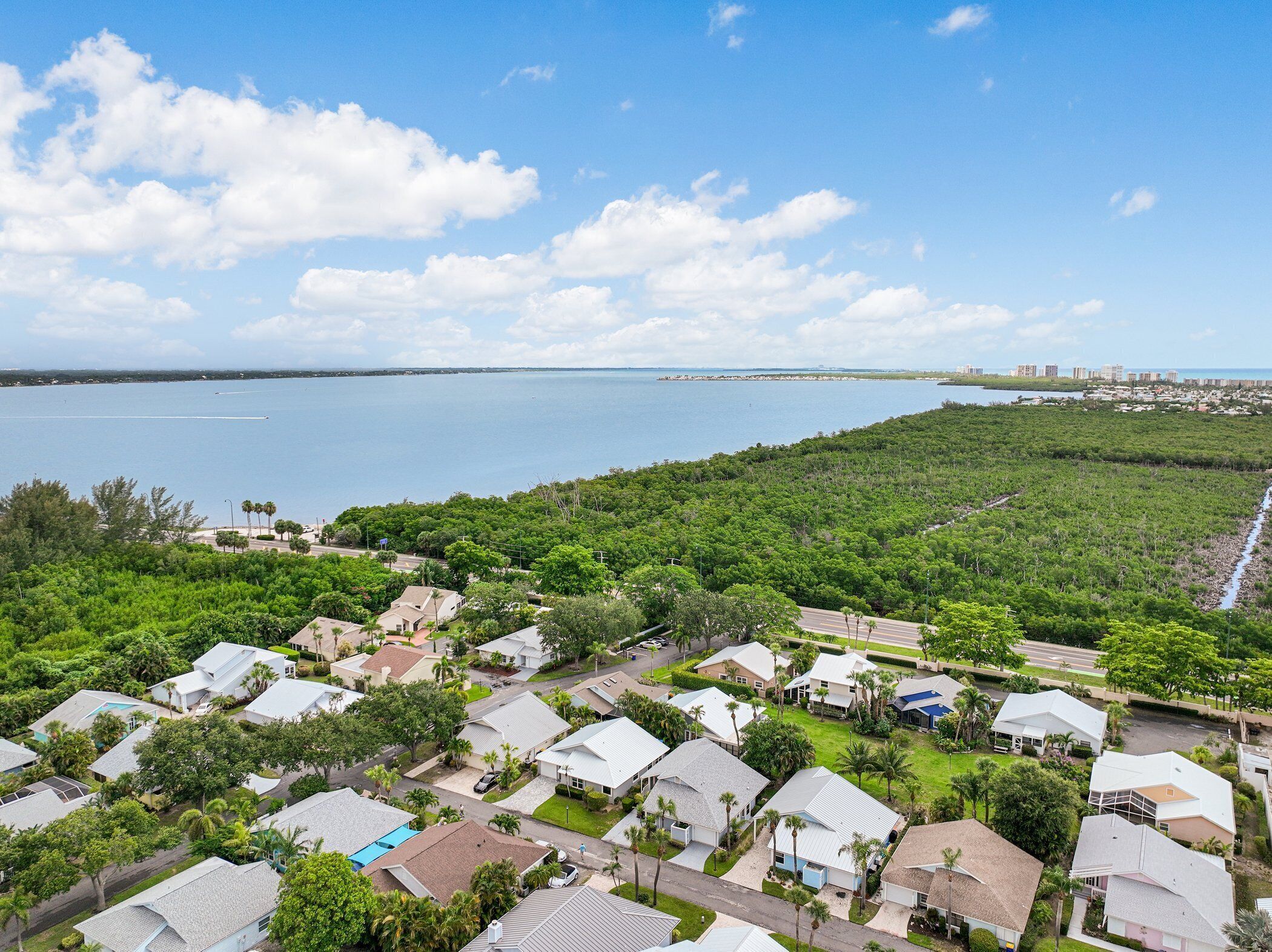A residential area with houses, a road, and a body of water in the background.