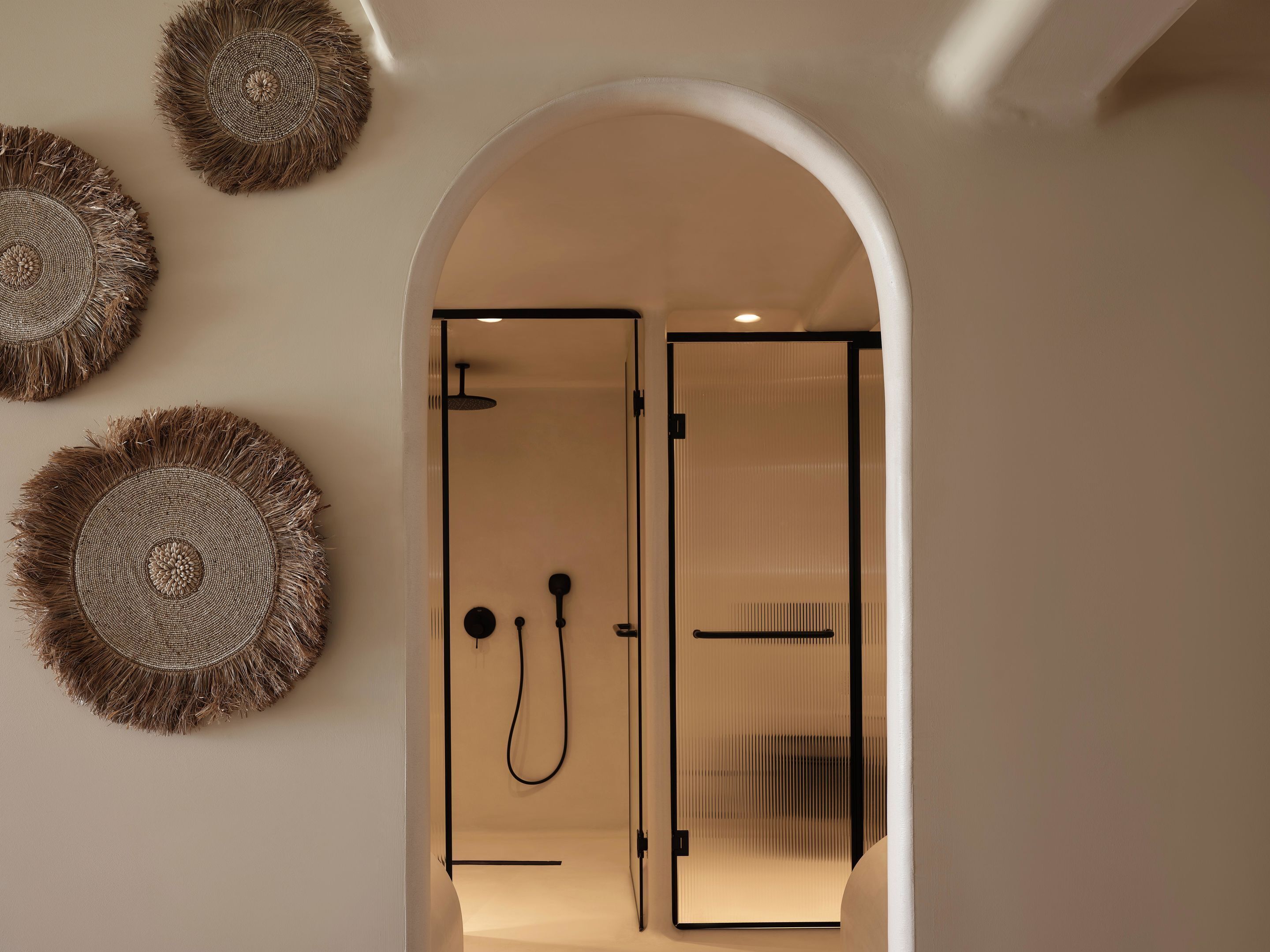 An arched doorway leading to a bathroom with a shower and a toilet.
