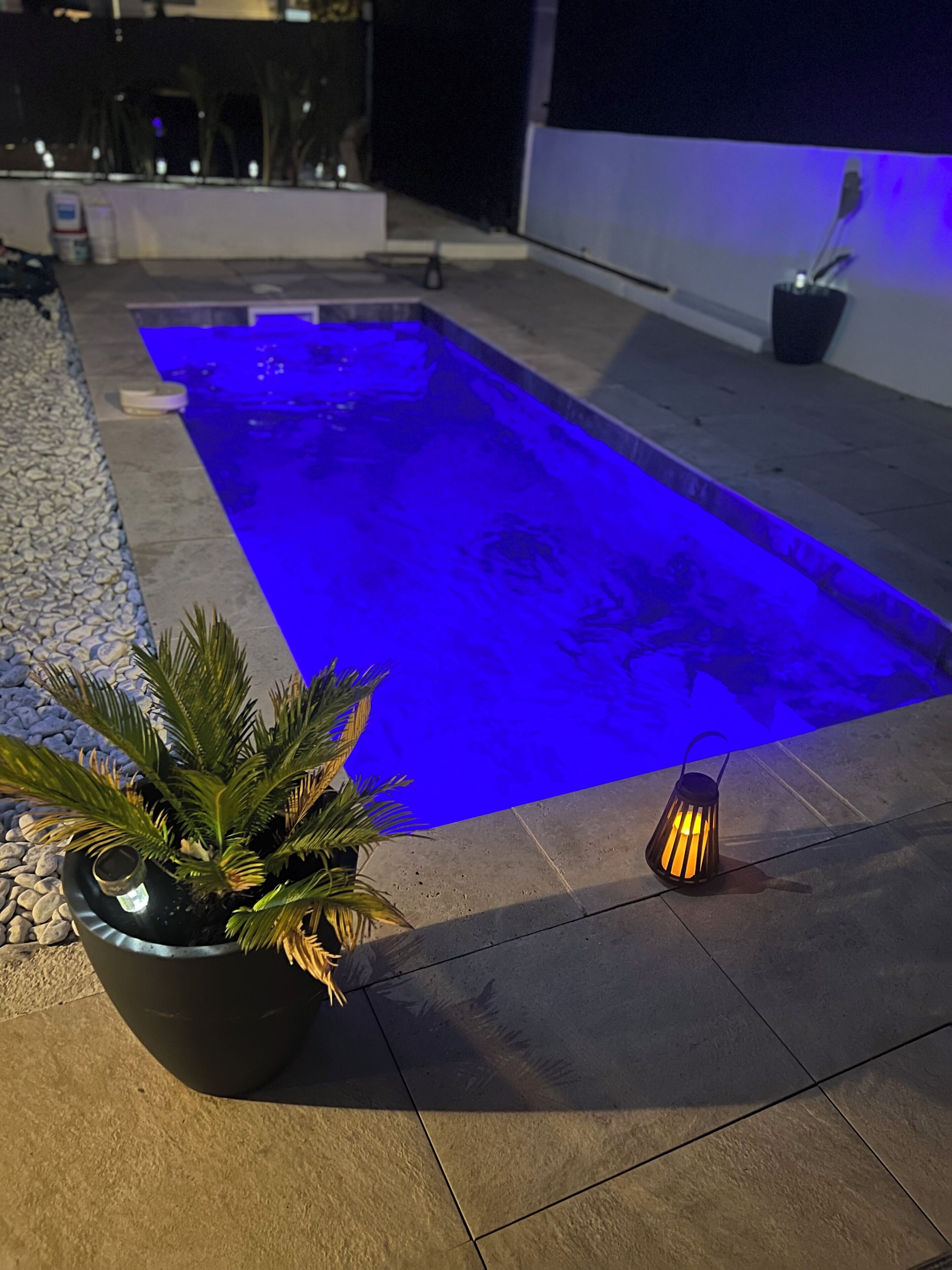 A rectangular swimming pool with blue lighting, surrounded by a pebble border, a potted plant, and a lantern on the patio.
