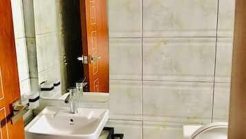 Regadera, toallas, jabón, papel de baño