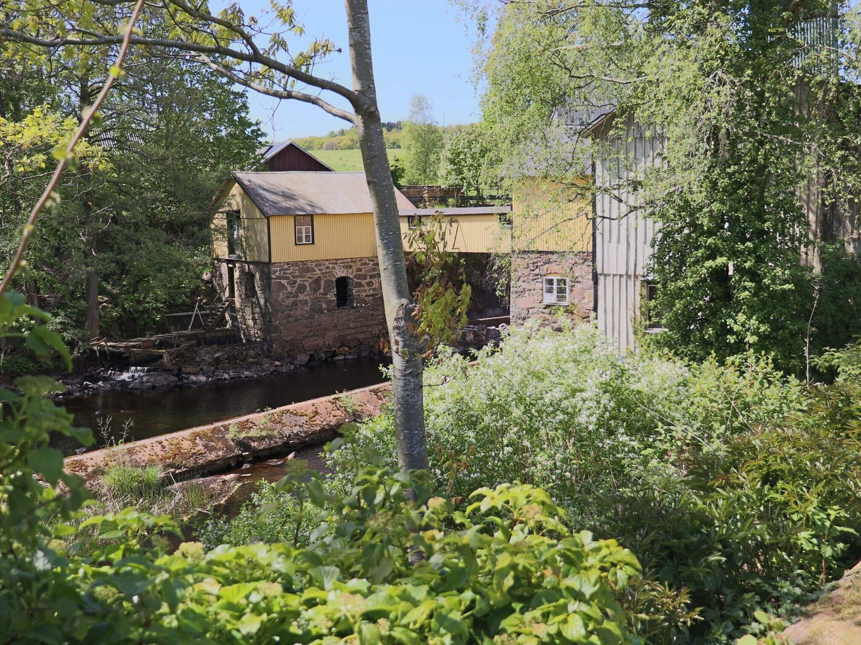 A rustic building with a stone foundation and a yellow facade, surrounded by lush greenery and a small water feature.