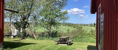 A wooden bench in a grassy area with a view of a red building and a tree.