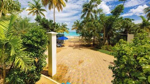 Un sendero pavimentado que conduce a una zona de playa con palmeras y un paraguas azul.