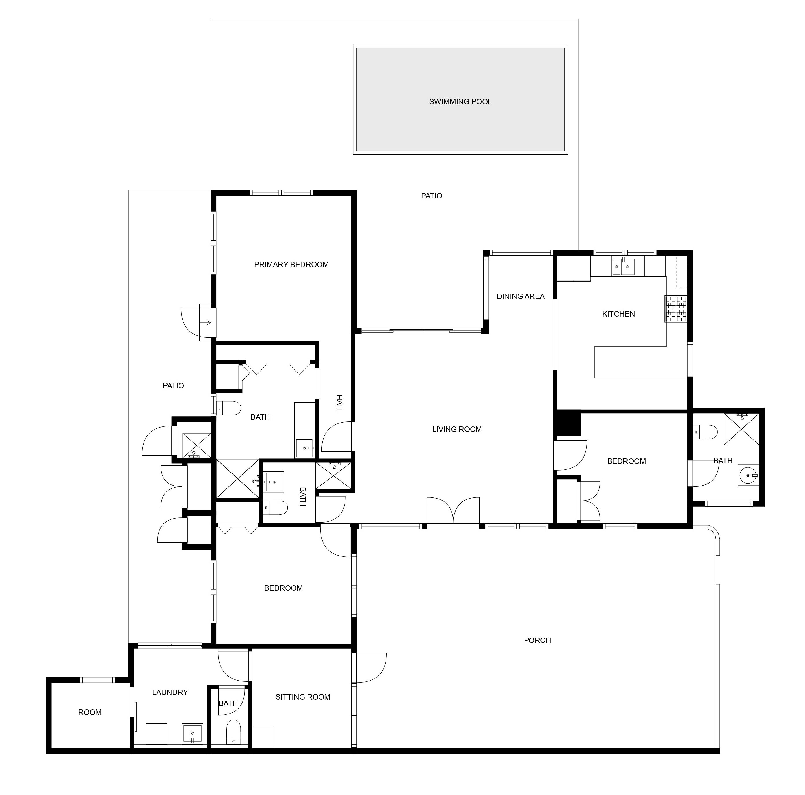 A floor plan of a house with a swimming pool, patio, primary bedroom, dining area, kitchen, living room, two bedrooms, bathroom, sitting room, laundry, and a porch.