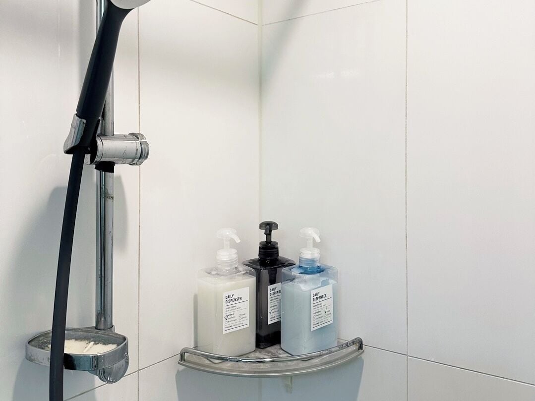 Hair dryer, towels, soap, toilet paper