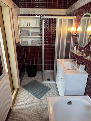 Hair dryer, towels, toilet paper