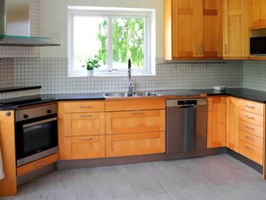 A modern kitchen with wooden cabinets, a stainless steel dishwasher, and a Bosch oven. - 4 Star Holiday Home in Forslov (Förslöv)