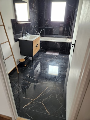Shower, hair dryer, soap, toilet paper