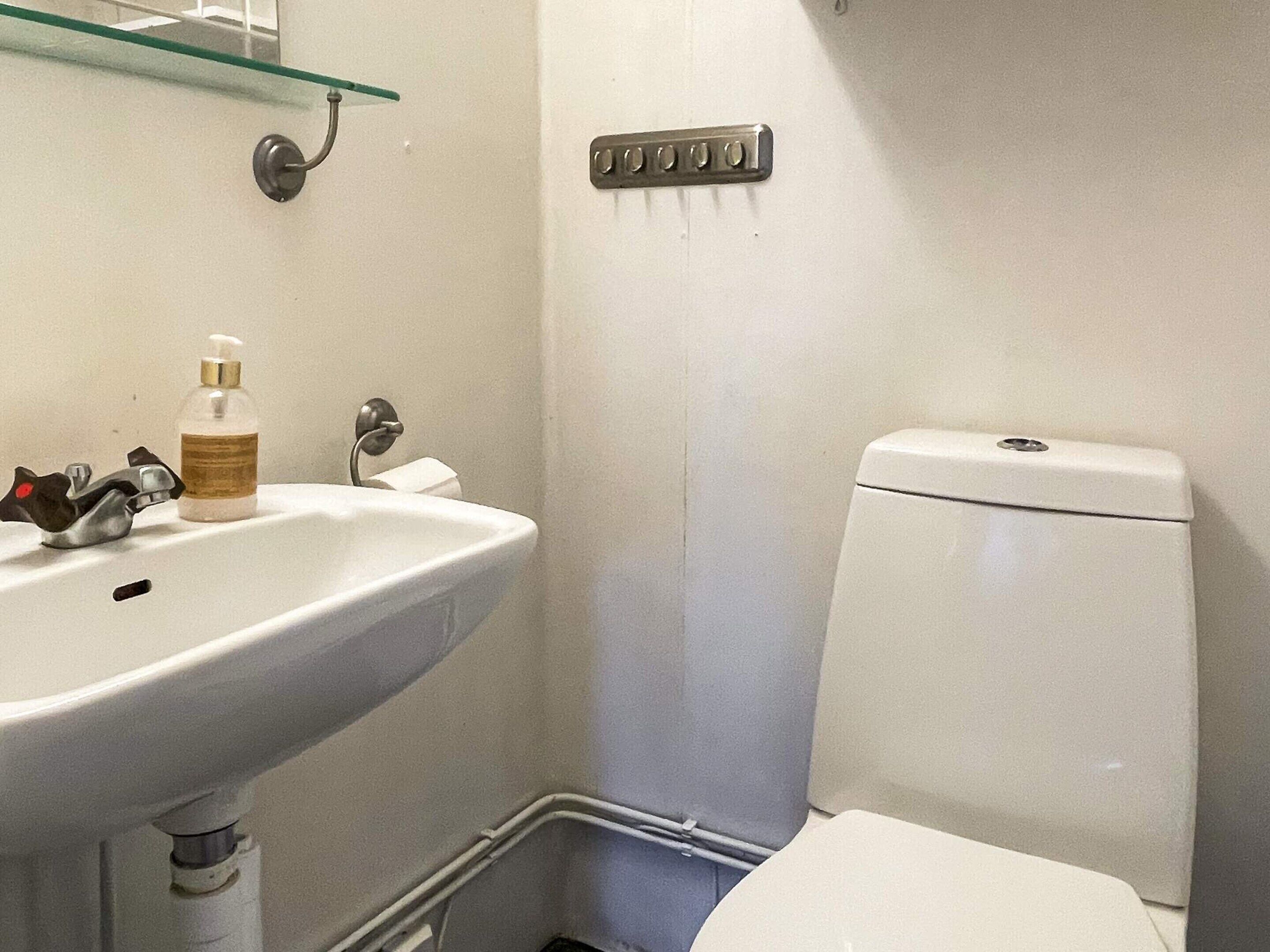 Une salle de bain avec un lavabo blanc, une étagère en verre au-dessus, des toilettes et une poignée de chasse d'eau fixée au mur.