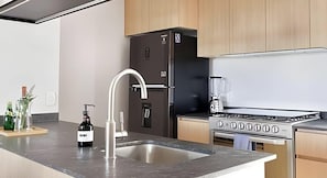Una cocina moderna con un lavamanos de acero inoxidable, un refrigerador negro, una estufa y armarios de madera.